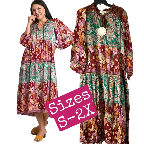 Umgee Dresses & Skirts - NWT Umgee Boutique Boho Hippy Floral Print Dress S - 2X green burgundy mix